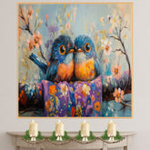 Painting of Two Colorful Plump Birds Sitting Close Together on a Flower Covered Branch with Bright Feathers and Big Eyes in a Playful Springtime Floral Scene on Ready to Hang 1.5" Thick Canvas Wrap, Floating Framed Canvas, Flat Rolled Canvas